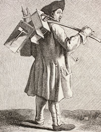 Un cacciatore di ratti con le sue trappole nella Parigi del XVIII secolo, 1875 da French School